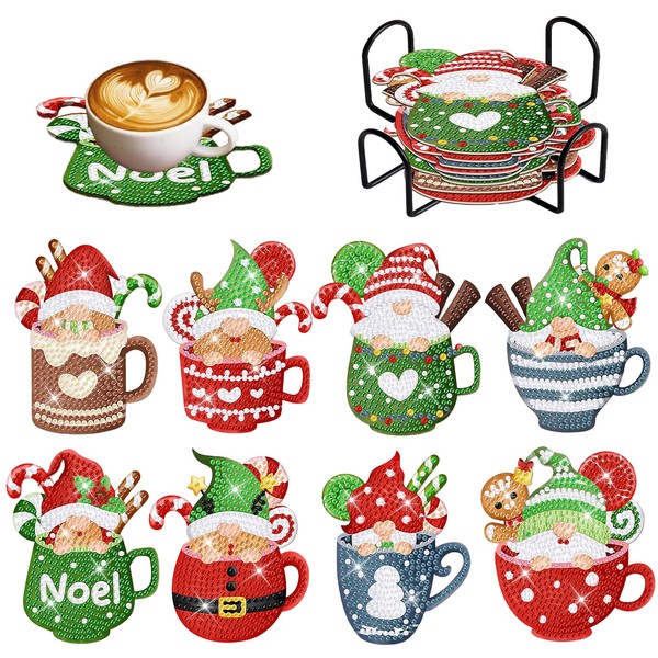 Christmas Diamond Painting Coasters for Drinks, 8 PCS Diamond Art Kits for Adults, DIY Santa Claus Craft Coaster with Holder for Christmas Holiday Gift (Style 1)