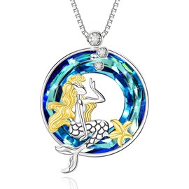 Christmas Gifts for Women S925 Sterling Silver Mermaid Necklace with Blue Circle Crystal Mermaids Jewelry for Women Anniversary Birthday Gifts for Wife Christmas Gifts for Wife Girlfriend Her