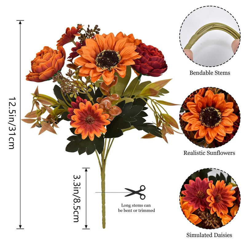2 Bunches Autumn Artificial Flowers Sunflowers Orange Fake Peony Bouquet