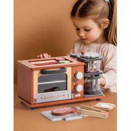 ROBOTIME Play Kitchen Toys Accessories - Wooden Breakfast Machine Kitchen Toy for Kids with Coffee Maker and Pretend Play Food Sets - Kitchen Playset Appliances Toy for Toddlers (Caramel)