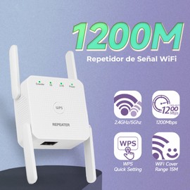 WULAR 1200Mbps Repetidor de Señal WiF, 2.4G 300Mbps/5G 867Mbps, 4 Antenas, Extensor de Señal WiFi Inalámbrico Universal, Amplificador de Señal WiFi de Enchufe Pared, Repetidores de Red, WiFi Extender