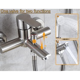 Stainless Steel Bathroom Exposed Shower Tub Faucet Wall-Mounted Shower Mixer Taps, Brushed Nickel Two Spout Manual Control Valve Switch Tap Bathroom Tub Filler
