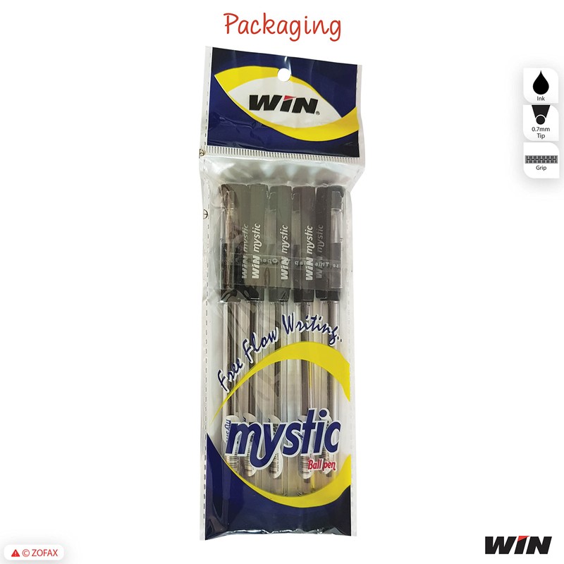 WIN 5 x 0.7mm Biro Tip Ball Pens Mystic BLACK