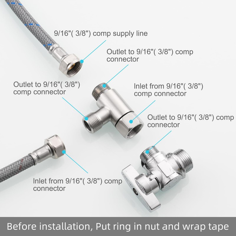 Tecmolog 2 PCS 3/8" Tee Fittings Water Line Splitters Stainless