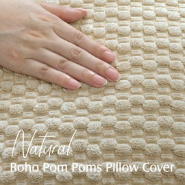 Artscope Pom Poms Decorative Corduroy Cushion Cover 45x45cm Super Soft Boho Striped Square Pillow Covers Case Geometric for Sofa Couch Bedroom Car Decor Set of 1, Beige