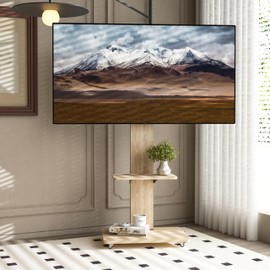 Natural Wood Rolling TV Stand, Mobile TV Cart on Wheels for 32-75 inch TV, Movable Portable TV Stand with AV Adjustable Shelf,Tilt & Height Adjustable Universal Corner TV Stand for Bedroom