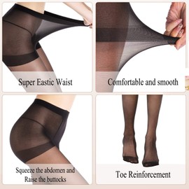 WAKUNA 3 Pairs Sheer Tights For Women 20D Pantyhose Control Top Invisible Reinforced Toes Black-Large