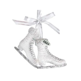 Ice Skate Ornament with All Over Glitter, White and Silver Ribbon Bow, 2024 Hangtag, Comes in Gift Box - Perfect Ice Skating Ornament for Christmas Tree