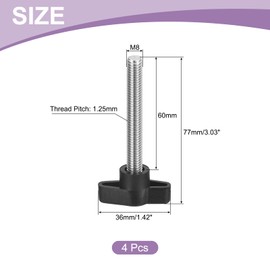 QUARKZMAN Pack of 4 T-wing Screws with Handles Thumb Screws, M8 x 60 mm Male Screw Knob 304 Stainless Steel Thumb Screw Handle 36 mm Diameter, Black