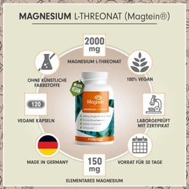 Magnesium Threonate Capsules 240x - Optimal High Dose with 2000 mg Magtein® Magnesium L-Threonate per Day - Ideal for Magnesium Supply of the Brain - Laboratory Tested with Certificate - Supply for 60