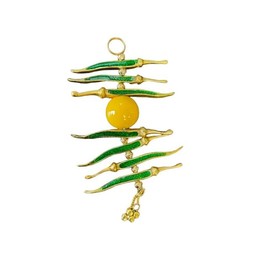 Stylish Single Metal Yellow & Green Nimbu Mirchi Car Charm or Door Hanging with Beads- Protection from Evil Eye - Nimbu Mirchi Todka