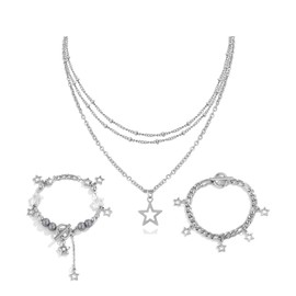 PJWONG Y2k Stylish Silver Stainless Steel Layered Chain Star Pendant Necklace Bracelets Jewelry Set Gift for Women Christmas