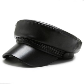 Women's Fiddler Cap Newsboy Hat PU Leather Visor Beret Fisherman Style Fiddler Cabbie Cap Paperboy Captain Hat Black, Black, 1, black