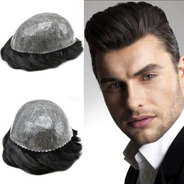 Mens Toupee Human Hair Pieces 8X10 inches Full Poly Injected PU Hair Replacement System Wig for Men FACE MIRACLE (8"×10", #1B Off Black-120% Medium Light to Medium Density)