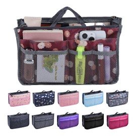 JJ PRIME - Multi Compartment Bag Handbag Insert | Expandable Handbag Organiser Insert | Floral Tote Bag Organiser Insert | Tote Bag Divider Organiser with 13 Pockets (Floral, Maroon)
