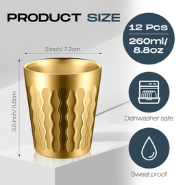 Skylety 12 Pcs Stainless Steel Cups Bulk Metal Drinking Cups Double Wall Tumbler Glasses Stackable Glasses Insulated Drinking Reusable Silver Camping Mug for Home Camping BBQ Party(Gold,8.8 oz)