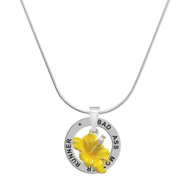 Delight Jewelry Silvertone Yellow Hibiscus Flower - Silvertone Bad Mother Runner Message Ring Necklace, 18"