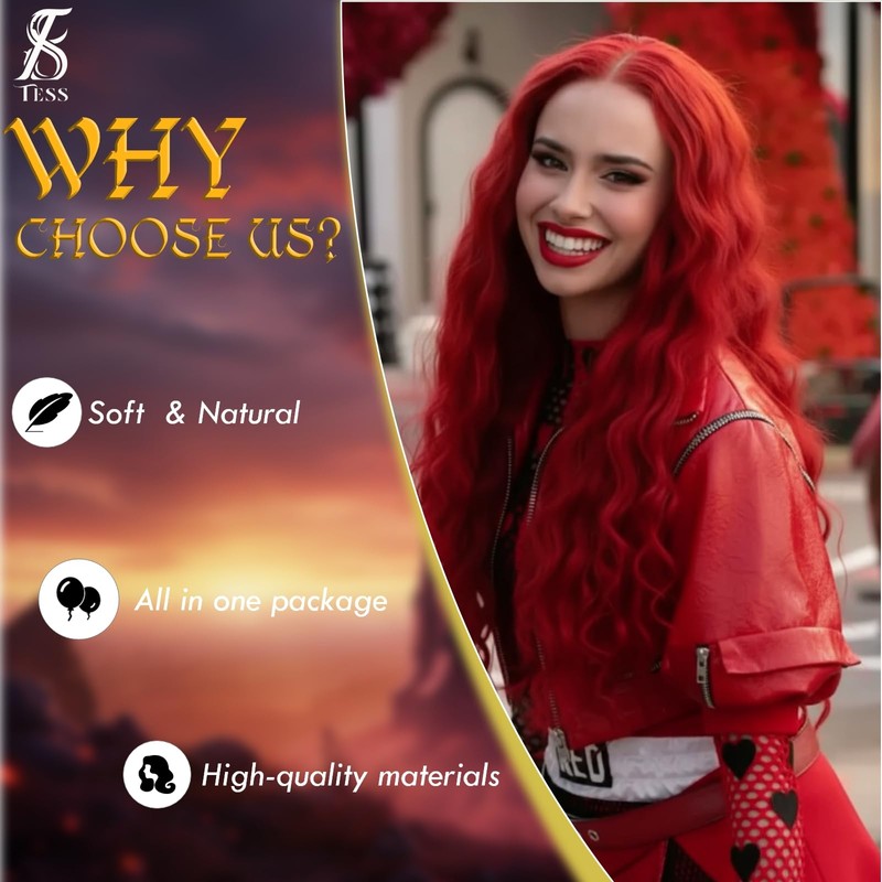TESS Red Wig with Bun Long Wavy Hair Wigs Halloween