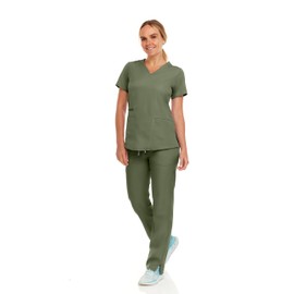 MediChic Women's V-Neck Scrub Set Straight Leg Six Pocket Cargo Scrub Pants with 4-Way Stretch Scrubs Sets