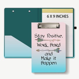 Hongri Mini Clipboard Folio with Refillable Lined Notepad and Interior Storage Pocket for Students, Classroom, Office, Women, Man, Cute Custom Pattern, Standard A5 Size 6 x 9 in, Stay Work Hard