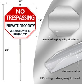 Private Property No Trespassing Signs, Violators Will Be Prosecuted, 10"x10" Octagon Yard Sign With Metal Stakes Engineer Grade Reflective Sheeting Rust Free Aluminum Weather Fade Resistant