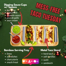 Taco Holder Kit, 3-in-1 Taco Set - Taco Shell Stand + Serving Tray + Sauce Cup, Taco Presentation Rack Plate for Taco Tuesday Bar Party, Christmas Gift for Taco Lover Vegetarian Gluten-free Holiday