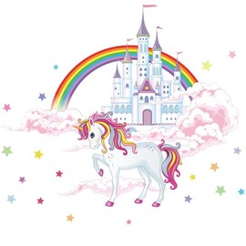 COVPAW® Wall Sticker Unicorn Princess Castle Rainbow Wall Sticker Mural Pictures Living Room Bedroom Decoration Child Boys Nursery Baby Room