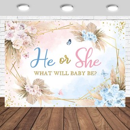 Tcoyodw Boho Gender Reveal Backdrop 7x5ft He or She Pampas Grass Boho Floral Photography Background Pink or Blue Gender Reveal Party Decorations Banner Photo Studio Props