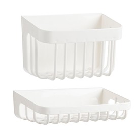 2Pcs Wall Mounted Small Hollow Storage Basket Self-Adhesive Plastic Storage Shelf Shower Organizer Shelves Makeup Organizer Shower Basket Holder for Office Bedroom Kitchen Home Room, 2 Sizes, White