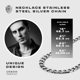 URBAN JEWELRY Classic Mens Necklace 316L Stainless Steel Silver Chain Color 46, 54, 59, 66-CM, (6mm) (66.00)
