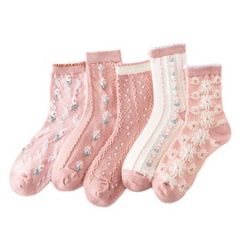 MarJunSep Cute Floral Crew Socks for Women Teen Girls Flower Cottagecore Frilly Vintage Fancy Cotton Socks Pink Flower Socks