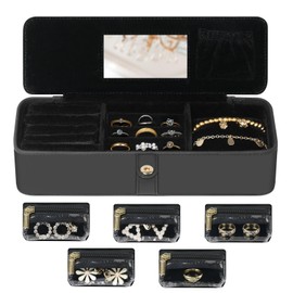 HOMEHIVE Travel Jewelry Organizer Box with Mirror – Leather Jewelry Case Gift for Women and Girls – 5 Anti-Tarnish Velvet Pouches, Ring Slots & Bracelet Pillow – Portable Jewelry Storage, Black