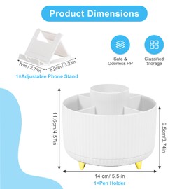 Marte Vanci Rotating Pen Holder for Desk, 360° Rotating Pen holder Desk Organizer with 5 Compartments, Desktop Stationary Storage, Spinning desk organizer for Office, School, Home (White)