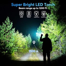 Linterna LED Táctica, 7 Modos de Iluminación, Recargable USB-C 5000mAh, Resistente al Agua IP67, Alcance 365m, Negro