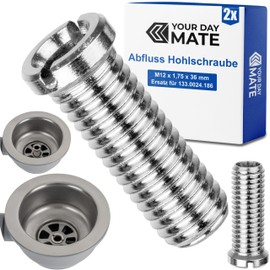 Hollow Screw for Strainer Basket Valve, M12 x 1.75 x 36 mm, Pack of 2, Compatible with Franke 3.5 Inch Waste Replacement for Item 133.0024.186, Brass, Standard Thread, Screw Sink Valve Drain