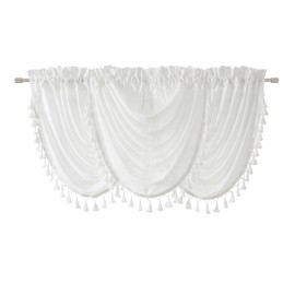 Vision Home White Semi Sheer Waterfall Valance Curtain with Decorative Tassles Trims Solid Kitchen Cafe Curtain for Living Room Bedroom Rod Pocket 56x38 inch,3 Panels