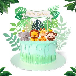 LXASIY - 12 decoraciones para tartas de animales de safari en la selva con elefante, jirafa, león, overol, hojas tropicales brillantes, lindos animales de la selva, decoración de pasteles para fiestas temáticas de la selva, baby shower, fiesta de cumplea
