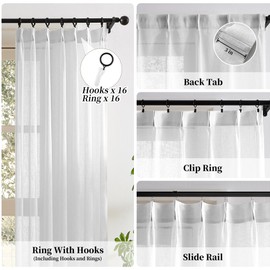 White Pinch Pleat Sheer Curtains Linen Textured Slub Yarn Back Tab Drapes Boho Farmhouse Rustic Treatment Sets for Living Room Bedroom, with Hooks Light Filtering Pleated Curtains, 40"Wx95"L, 2Pcs