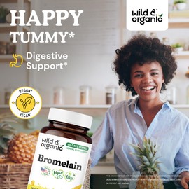 Wild & Organic Bromelain 500 mg Capsules - Digestive Support - Bromelain Powder Supplement - Pineapple Enzyme Source - Vegan, No Fillers, Non-GMO - 60 Count