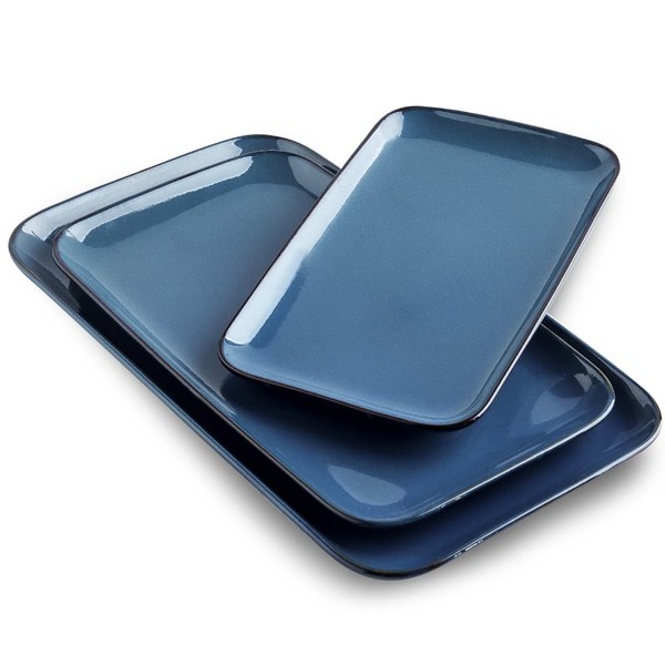 KOOV Ceramic Rectangular Serving Tray, 14/12/10 Inch Large Serving Platter, Porcelain Serving Plates with 3 Sizes, Ceramic Serving Dishes for Party, Food, Appetizers and Dinner, Set of 3, Blue