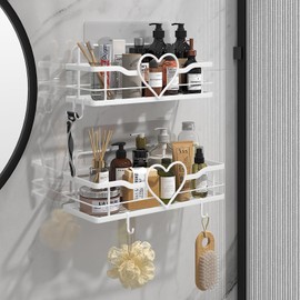 FLCITY White Shower Caddy with 4 Removable Hooks, 2 Pack Sweet Heart Shower Shelves,No Drilling Adhesive Organizer Shelf for Bathroom Shower,Kitchen,Bedroom