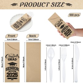 Funnymoom 400 Pcs 2025 Graduation Silverware Bags Dinnerware Set - Includes Paper Silverware holder Disposable Plastic Spoons Knives and Forks, Class of 2025 Parties School Congrats Supplies(Brown)