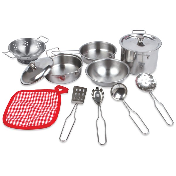 Little Chef Kids' Play Kitchen Toy Set - Stainless Steel Cookware Set for Toddlers, Pretend Play Pots, Pans and Utensil Set for Boys and Girls, Play Dishes, Kids Kitchen Set Dishes - Silver