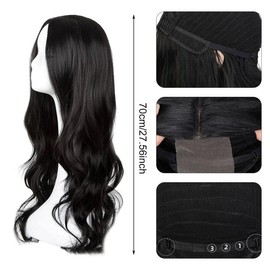 NHALESBG 28 Inch/70cm Long Curly Wigs Black Charming Women Long Wave Curly Oblique Bangs Synthetic Wig, Ladies Girls Fancy Dress Hair Wigs, Women's Full Hair Natural Wig for Daily Cosplay Wear (Black)