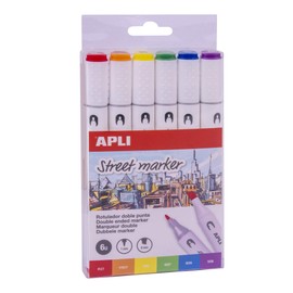 APLI 18431-6 Pieces Street Marker Double Tip (1 mm Round and 6 mm Beveled) in Various Colours