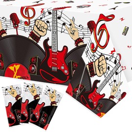 BeYumi 3Pcs Rock and Roll Party Tablecloths 1950's Star Guitar Disposable Plastic Waterproof Rectangular Table Covers for 50s 60s Born to Rock Music Theme Birthday Party Decorations Supplies