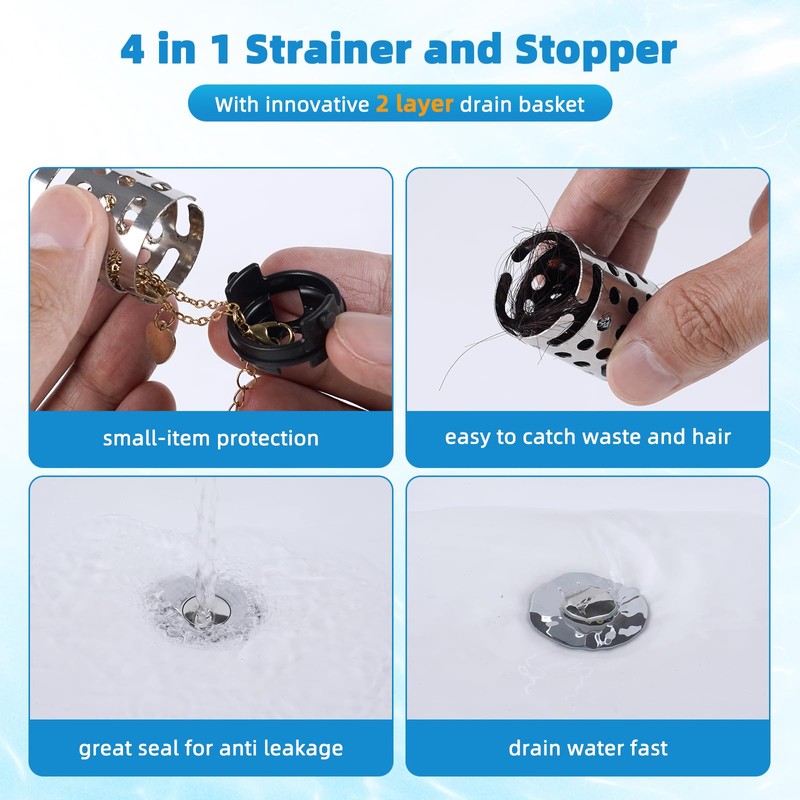 Universal Bathroom Sink Stopper Hair Catcher Upgraded with 2-Layer Detachable