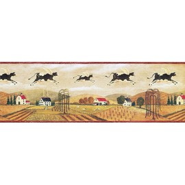 CONCORD WALLCOVERINGS ™ Wallpaper Border Flock of Winged Cows Soaring Over The Country, Beige, Green, Red, 8 Inches by 15 Feet GG54112B
