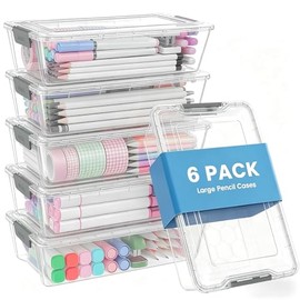 Sooez Paquete de 6 cajas de lápices, nuevo estuche de lápices extra grande, caja de crayón y bolígrafo de plástico, organizador transparente para marc