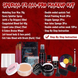 BOBISUKA Kit de Maquillaje para Halloween de Efectos Especiales - 6 Colores Maquillaje de Moretones Paleta de Pintura Corporal de Cara + Cera Cicatriz Con Herramienta Espátula de Doble Punta + Látex L